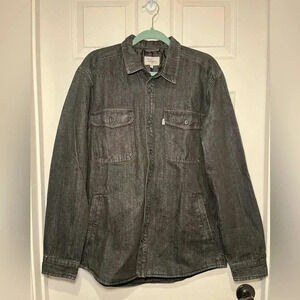 DQM Size Large Black Denim Men’s Lined Button Down Jacket 100% Cotton